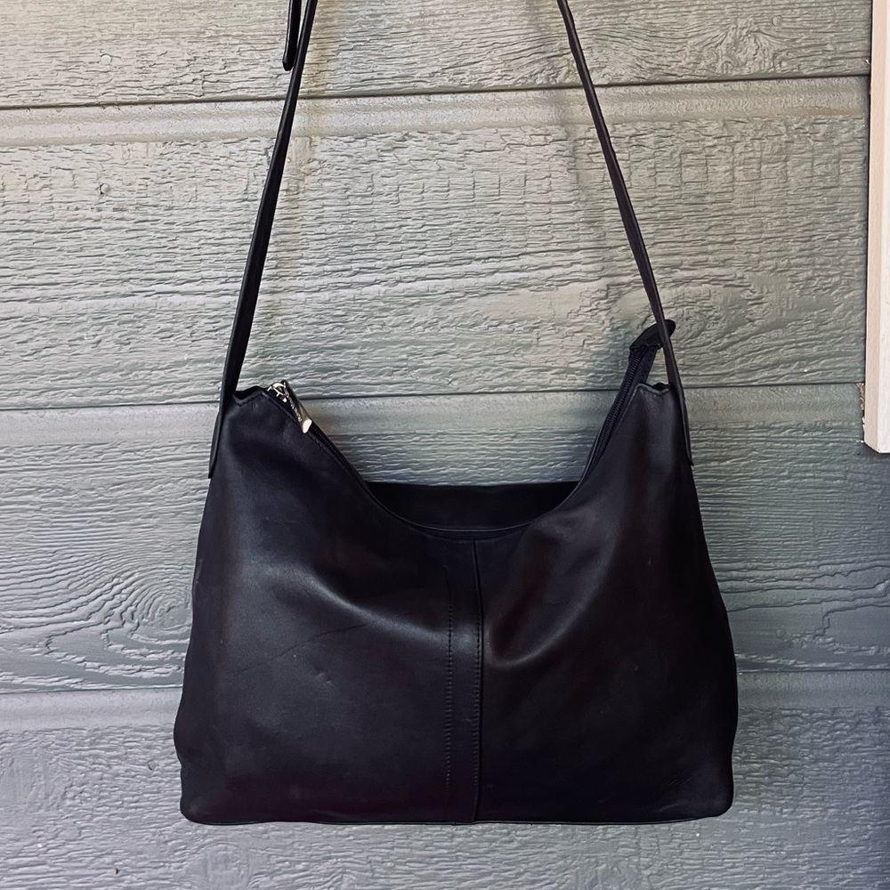 Stone Mountain Slouchy Soft Black Leather Shoulder Bag with Silver Hardware